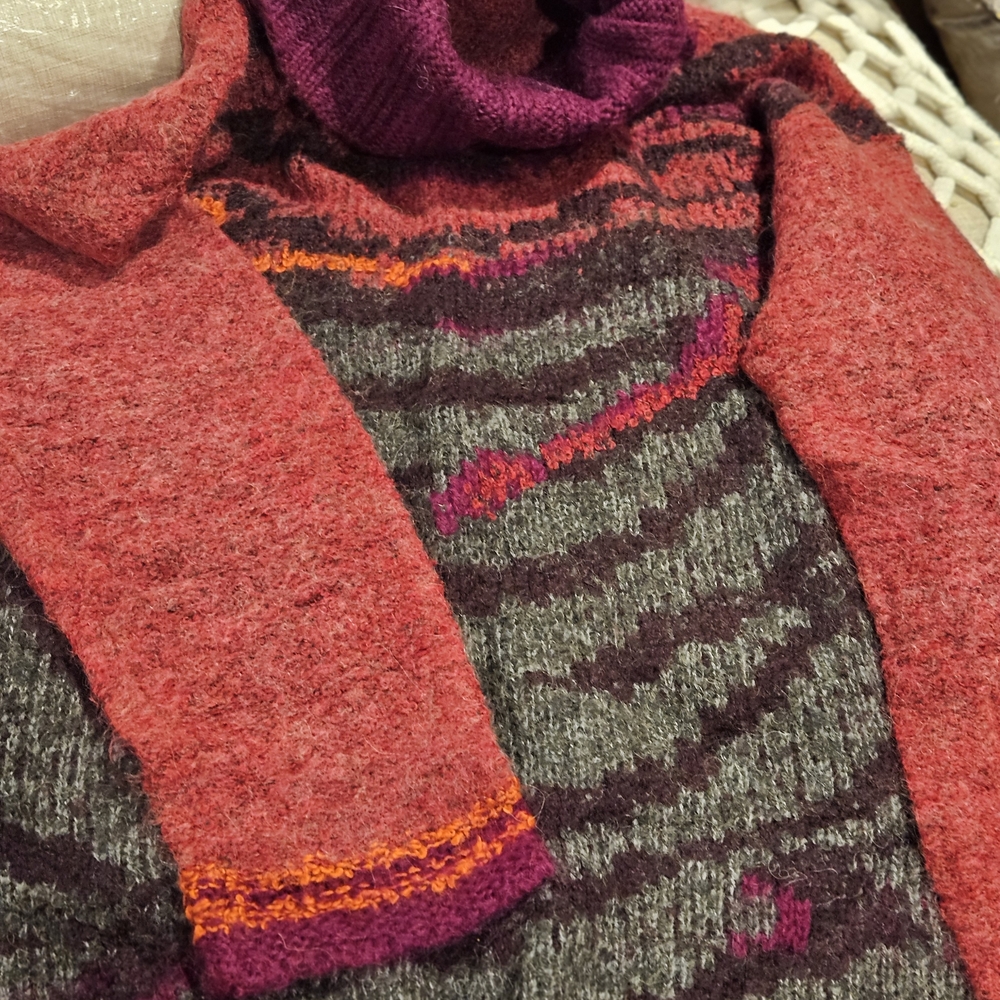 Red and Gray Patterned Sweater with Purple Accents